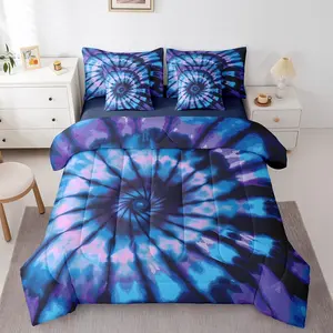 Purple Tie Dye Bed Bag,Comforter Bed Set,7 Piece,Blue Spiral Swirl Bedding Set,Hippie Boho Bohemian Comforter,and Sheet Set,Gypsy Hippie Abstract Bed Set