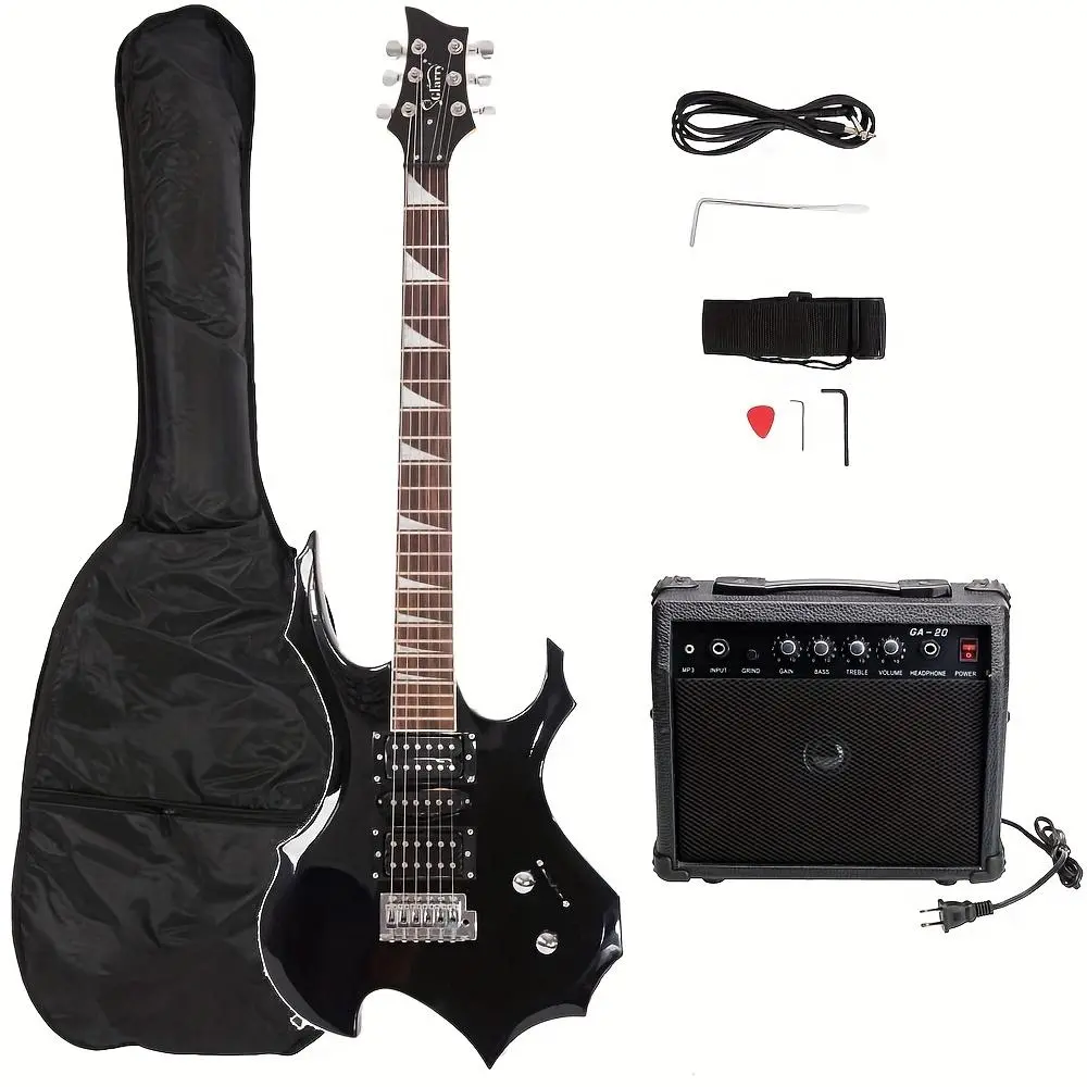 Flame-Shaped Electric Guitar Kit with 20W Powerful Bass, HSH Pickup, Guitar Belt Sling, Audio Bag, Picks, Shake Cable, Wrench Tool, Stylish Tech Accessories, Novice-Friendly, Available in Red or Sunset Color