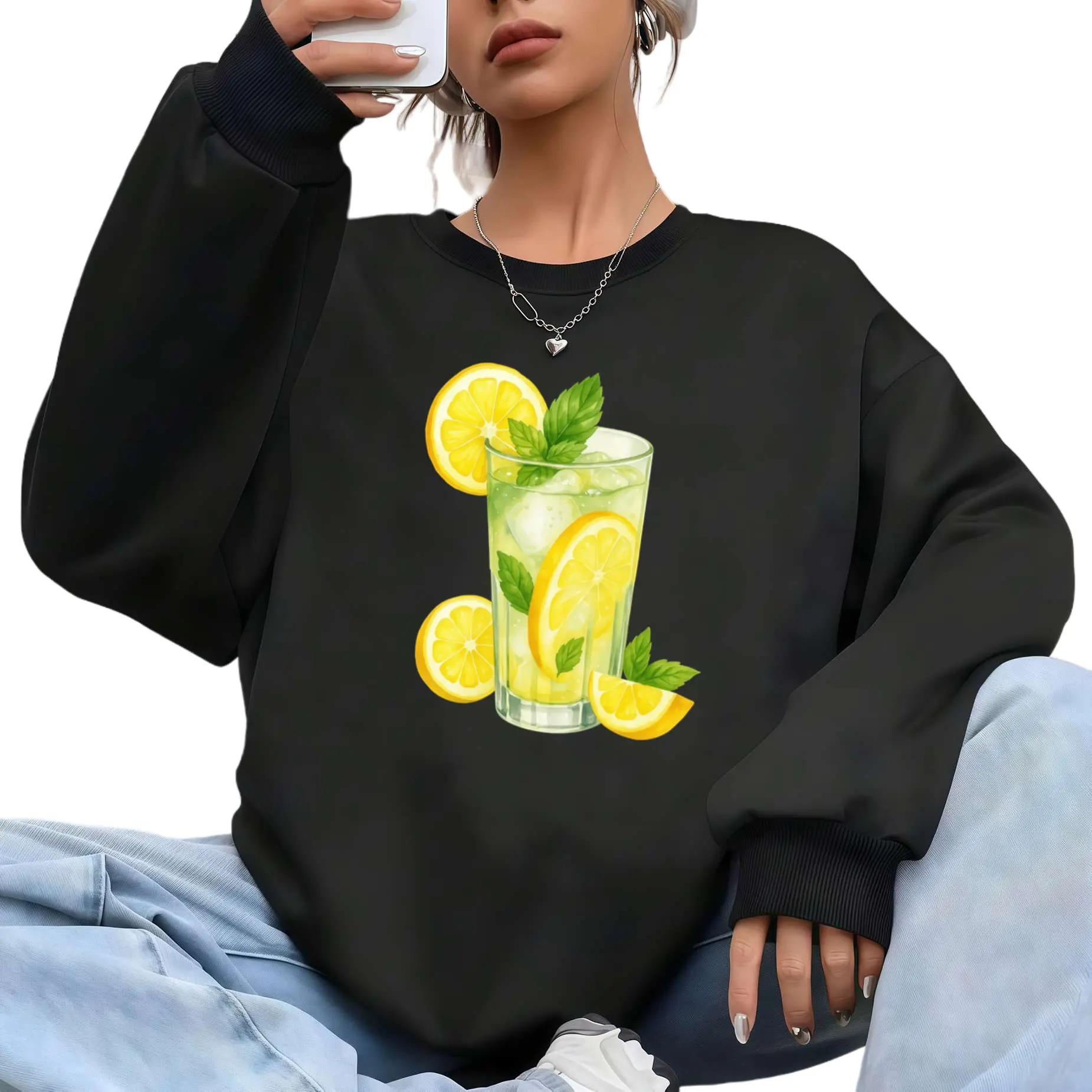 Women's Long Sleeve Lemonade Sweatshirt – Breathable Casual Top with Fresh Lemon Slice & Mint Leaf Design, Relaxed Fit and Round Neck for Summer Comfort