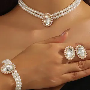 Adjustable Pearl & Rhinestone Choker Jewelry Set, 3 Pcs Bridal Necklace Earrings for Weddings & Anniversaries