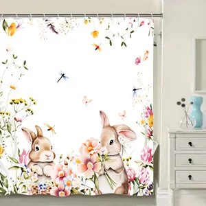 Spring Easter Bunny Shower Curtains for Bathroom Cute Rabbits Floral Plant Watercolor Flower Shower Curtain Set with Hooks Home Bathroom Bathtubs Decor Washable Durable Fabric