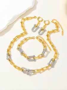Stainless Steel U-Shaped Horseshoe Buckle Matching Fashion Jewelry Set, Elegant Rhinestone Accessories Including Necklace, Bracelet and Earrings for Women