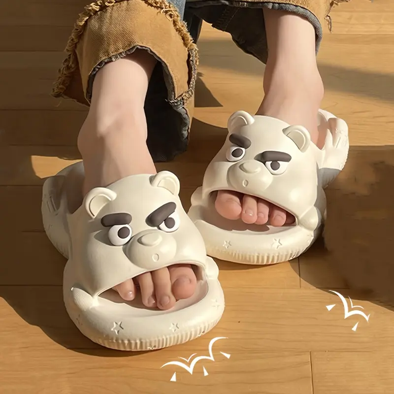 Lucky Bean Cute Cartoon Bear Slides, Summer EVA Open Toe , Waterproof Flat Heel Indoor Outdoor Slip-on Sandals for Women and Men