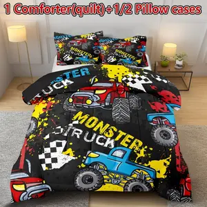 3-piece red and blue truck car pattern quilted bed set (1 quilt + 2 pillowcases without pillow inserts), featuring U-shaped quilting. The quilt contains 200gsm filling, suitable for all seasons. It is breathable, skin-friendly, soft, durable, and machine-