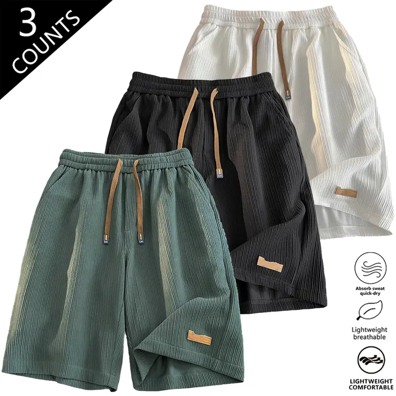 Men's Textured Baggy Stretch Cool Casual Shorts - Elastic Waistband, Quick-Drying, Lightweight, Breathable, Loose Fit, 2-Way Wear, Drawstring Side, Fashion Streetwear, Home-to-Outdoor Summer Male Clothing