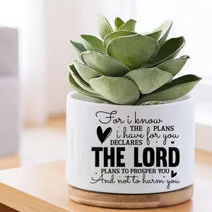 "Plans To Prosper You" Religious Ceramic Succulent Planter with Bamboo Tray - Aesthetic Faith White Mini Pot with Hearts - Christian Decorative Flower Pot for Shelf & Tabletop