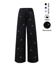 Women's High Waist Rhinestone Solid Straight Leg Jeans, Vintage Washed Loose Fit, Sparkly Street Style, Perfect for Music Festivals, Parties, Vacations, Daily Wear