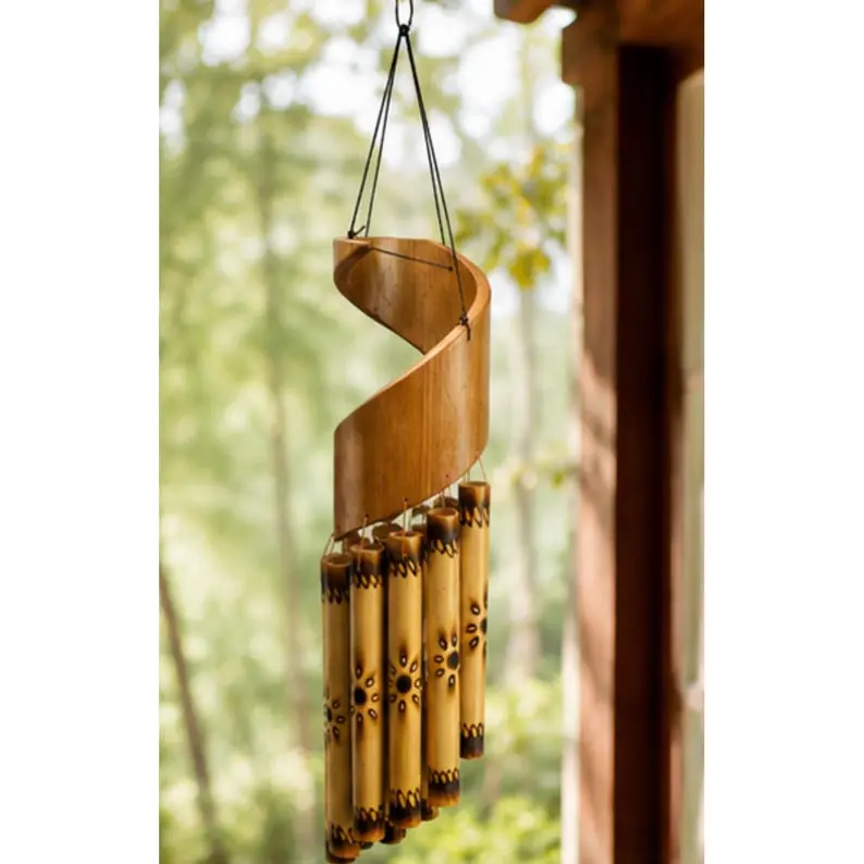 Handmade Spiral Bamboo Wind Chime | Natural Outdoor Garden Decor, Meditation Space Soothing Tones