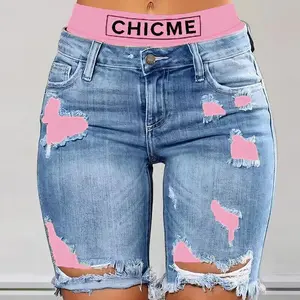 ChicMe Women's 2-In-1 Denim Shorts Colorblock Print Ripped Shorts Workout Running Shorts Perfect For Casual Wear Trendy Fit Tie Dye