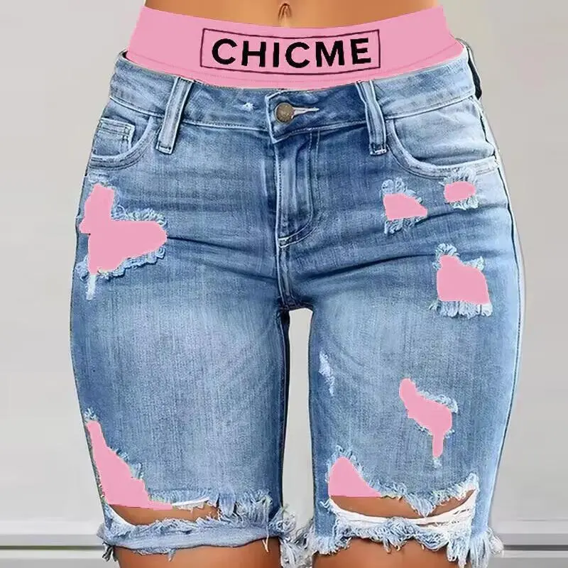 ChicMe Women's 2-In-1 Denim Shorts Colorblock Print Ripped Shorts Workout Running Shorts Perfect For Casual Wear Trendy Fit Tie Dye