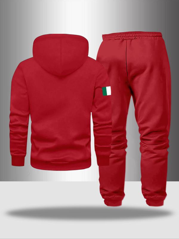 Men's Letter Print Casual Sportswear Set, Hooded Sweatshirt & Drawstring Pants, Fall Winter Comfortable, 2 Piece Set, Sweatsuit Set Outfit