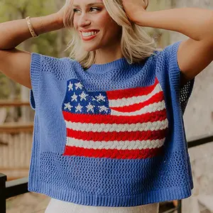 2026 Summer New Style Women's American Flag Lightweight Sweater Vest Short Sleeve Patriotic Style Knitted Top Suitable for Spring, Summer and Festive Wear#SummerVibes