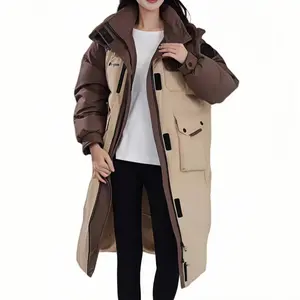 YAYA Women's Long Color Block Down Jacket Winter Fashion Windproof Thermal Puffer Jacket Versatile Hood Coat Casual Fitted Womenswear Outfit