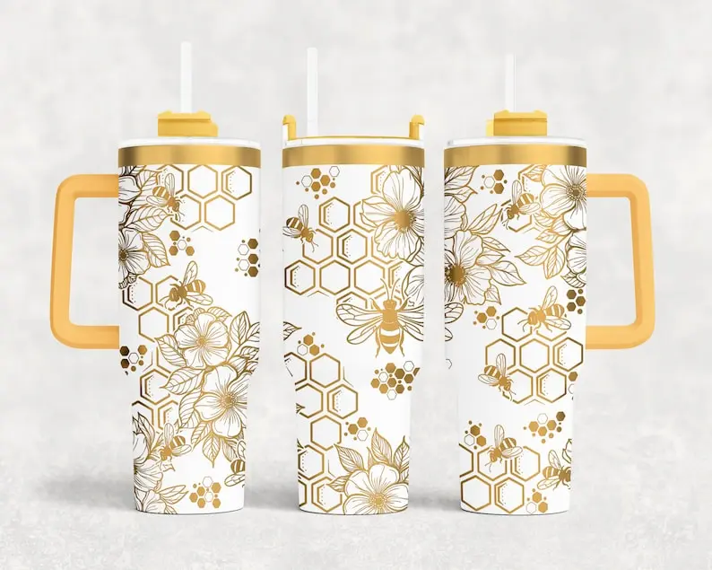 [01PSC] 40 oz insulated stainless steel tumbler with a handle (available in various colors), featuring a honeycomb and bee motif—symbols of hard work and success—making it a meaningful back-to-school gift.