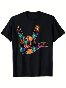 1pc ASL I Love You Hands Graphic T-Shirt – Sign Language Fingerspelling with L-V-Shaped Hand Gesture & Floral Design Loose Fit Casual Round Neck Short Sleeve Black Shirt for Men Women
