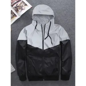 Reflective Color Block Hooded Jacket - Durable Build,Men's Trendy Street Style Polyester Jacket -Machine Washable Fashion Collar Menswear Sleeve Coats