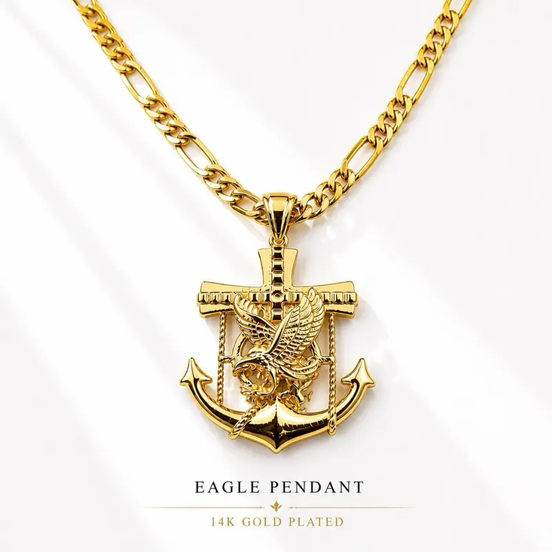 14K Gold Plated Fashion Hip Hop Sailor Anchor Eagle 1.77" Pendant Size - Luxury Pendant with Figaro Link Chain 20-Inch 6 mm - Unisex Jewelry Brass Material