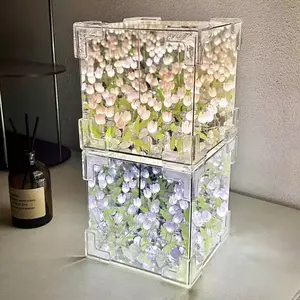 Creative Magic Cube Mirror Tulip Night Light, 3D Stereo Flower Sea Handmade DIY LED Ambient Light, Aesthetic Desktop Ornament Decorative Lamp, Ideal Small Gift for Girls Birthday Festival fathersdaygiftideas