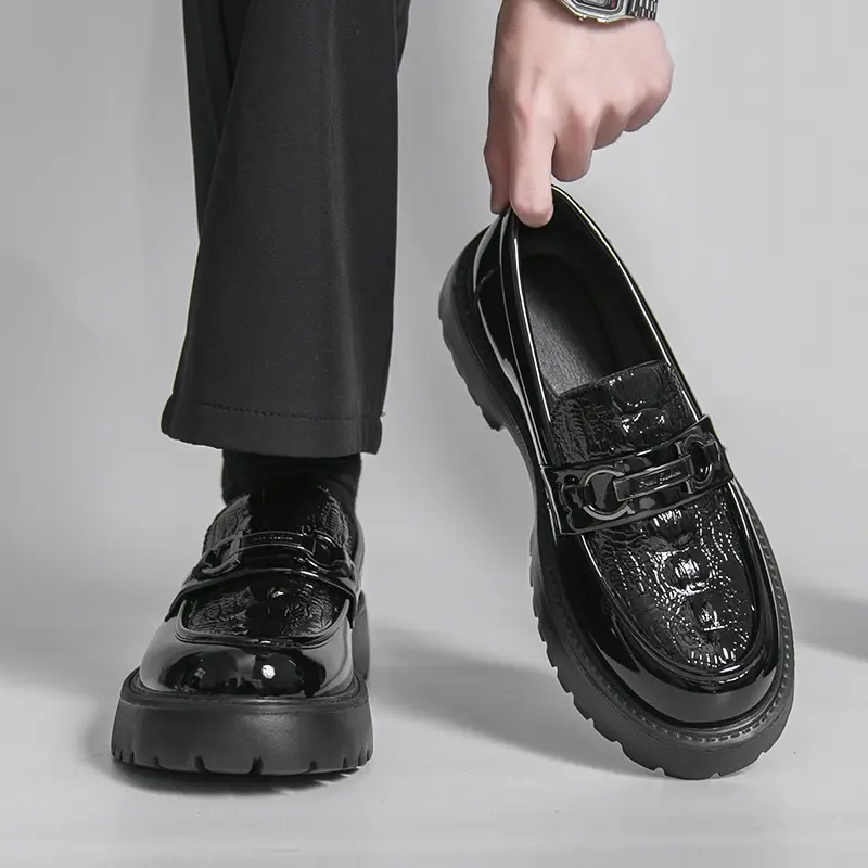 Men's Black Patent Finish Croc Embossed Chunky Loafers Metal Buckle Slip On Dress Shoes Platform Lug Sole Smart Casual Office Core Old Money Style Formal Business Wedding Prom Party Date Night Streetwear Outfit Low Top Shoes Non Slip Rubber Outsole