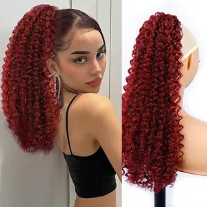 Ponytail Extension 20 Inch Drawstring Afro Kinky Curly Hair Extensions for Black Women Girls Clip in Deep Curly Pony Tails Extension Natural Synthetic Hairpieces Lightweight Hair Piece for Party Daily Use Burgundy  #