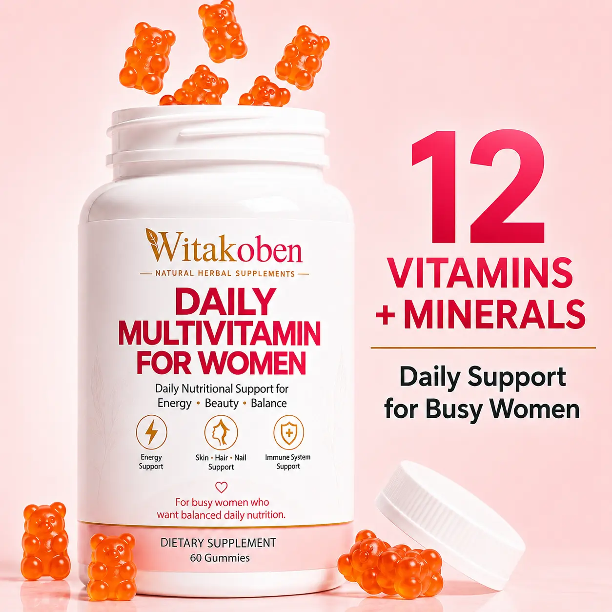 WITAKOBEN Women's Multivitamin Gummies, 60 Count, 12 Vitamins & Minerals Blended Supplement, Daily Nutritional Support for Adult Women, Easy-to-Take Gummy Format