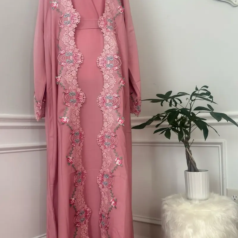zahra abaya Luxury Pink Abaya with Elegant Lace Embroidery | Feminine Design for Special Occasions