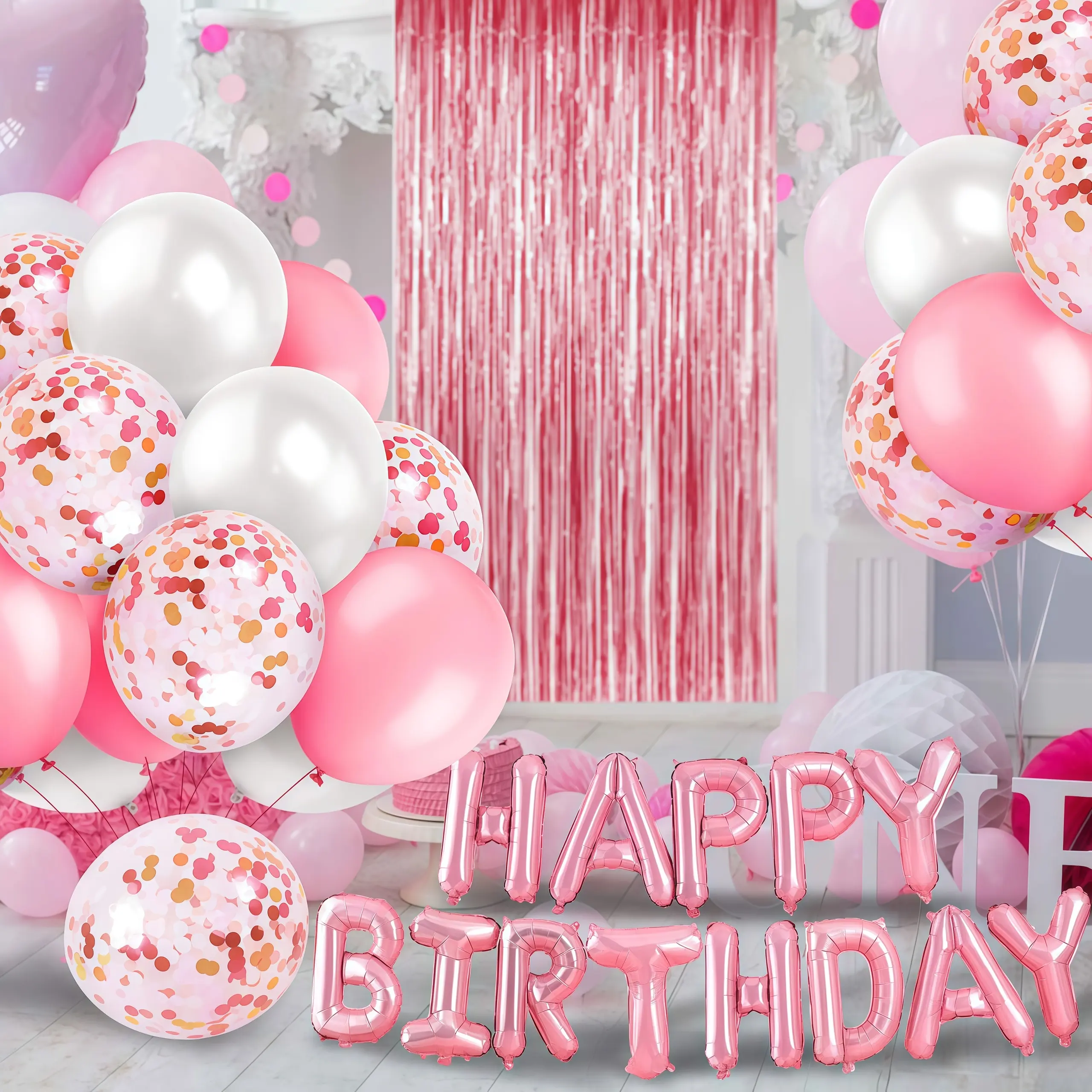 Pink/White "HAPPY BIRTHDAY" Balloon Set – Foil & Latex Balloons, Tassel Curtain, Backdrop & More for a Stunning Party