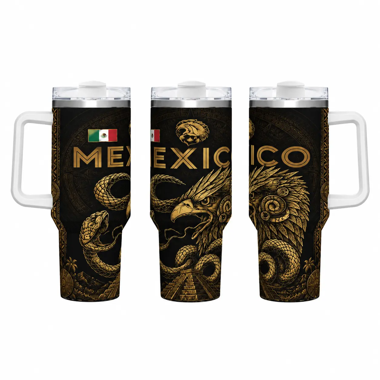 Mexican Heritage Pride 40oz (1000-2000ml) Stainless Steel Thermal Tumbler - Travel Mug with Handle, Leak-Proof Lid, Double Wall, Black Gold Eagle Snake Pyramid Aztec Calendar Flag Design for Hot & Cold Drinks
