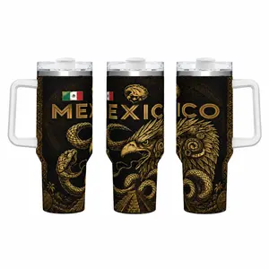 40oz Stylish Mexican Heritage Pride Insulated Tumbler - Stainless Steel Travel Mug with Handle, Leak-Proof Lid, Double Wall, Black Gold Eagle Snake Pyramid Aztec Calendar Flag Design, Hot & Cold Drink Cup