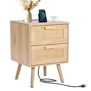 Vevor Rattan Nightstand End Table,  Side Table with 2 Hand Made Rattan Decorated Drawers, Wood Accent Table with Storage for Bedroom, Natural