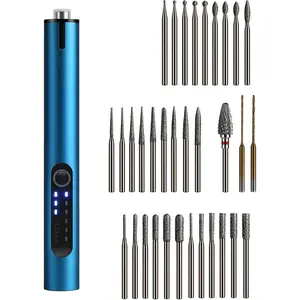 Mini Cordless Electric Engraving Pen with 30 Carving & 2 Drilling & 1 Tungsten Carbide Grinding Rotary Bits for DIY Crafts, USB LED Light 3-Speed Tool Kit for Metal, , Glass, Plastic (Blue)