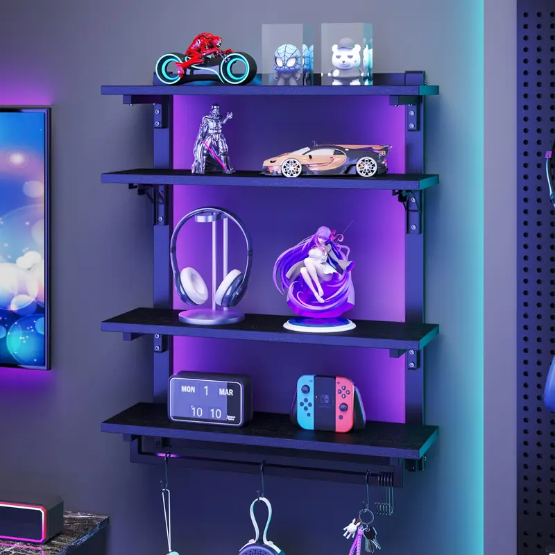 Foldable Gaming Floating Shelves with Adjustable Shelf, 24 Inch Wall Mounted Shelves with Dynamic LED for Living Room Game Room Cologne Holder Wooden Key Mail Holder