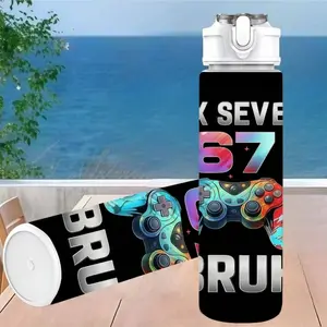 1pc Game Controller Fun Print with Number 67, 750ml/26oz Plastic Sports Water Bottle, Cute Print, Leak-Proof with Pop-Up Lid, Lightweight, Sturdy and Durable, Large Capacity, Reusable. Ideal for Office, Gym, Outdoor Sports, Yoga, Running, etc.