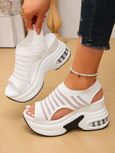 Women's Striped Cut-Out Knit Platform Wedge Sandals, Elastic Back Strap & Air Cushion Sole, All-Day Comfy Walking Shoes for Beach Vacation, Summer Trip, Outdoor Activities, Streetwear, Party, Lightweight Heightening Footwear