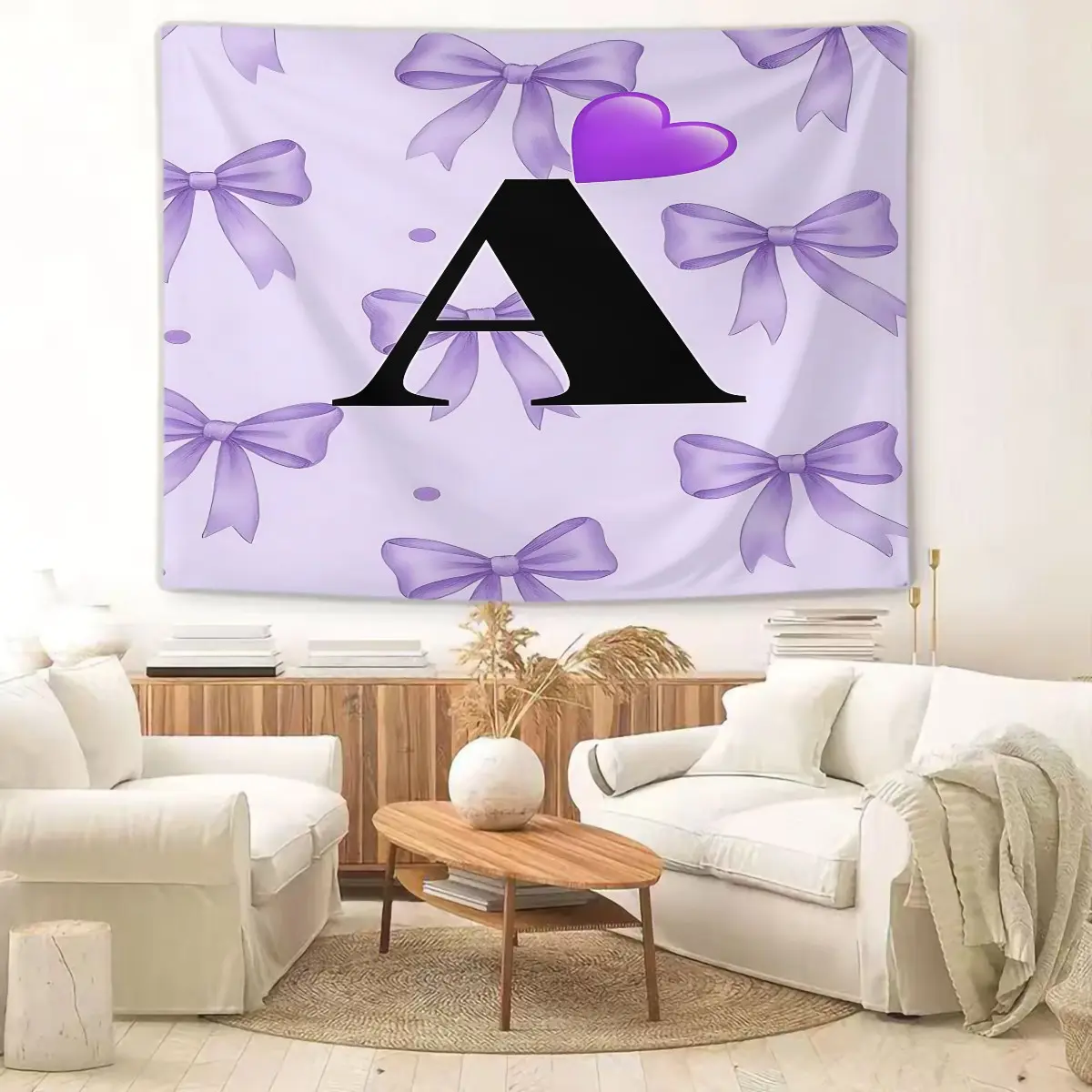 Elegant Purple Bows Pattern Wall Tapestry, Cozy Living Room Wall Hanging, Digital Print Tapestry for Stylish Home Décor, Perfect for Bedroom, Study, and Living Room, Unique Artistic Wall Art with Heart & Letter 'A'
