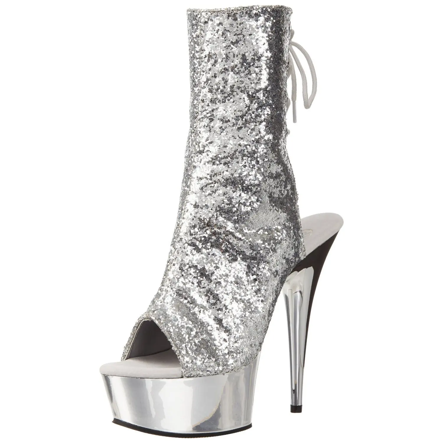 Women's Silver Glitter & Chrome Ankle Booties, Open Toe 6-Inch High Heels for Parties with Back Lace-Up and Inner Side Zip, Footwear, Platform, Party, Shoe, Statement Shoes, Glitter Upper, 6 In, Sparkle Fabric, Laces, Side Zip Liner, Chrome Finish