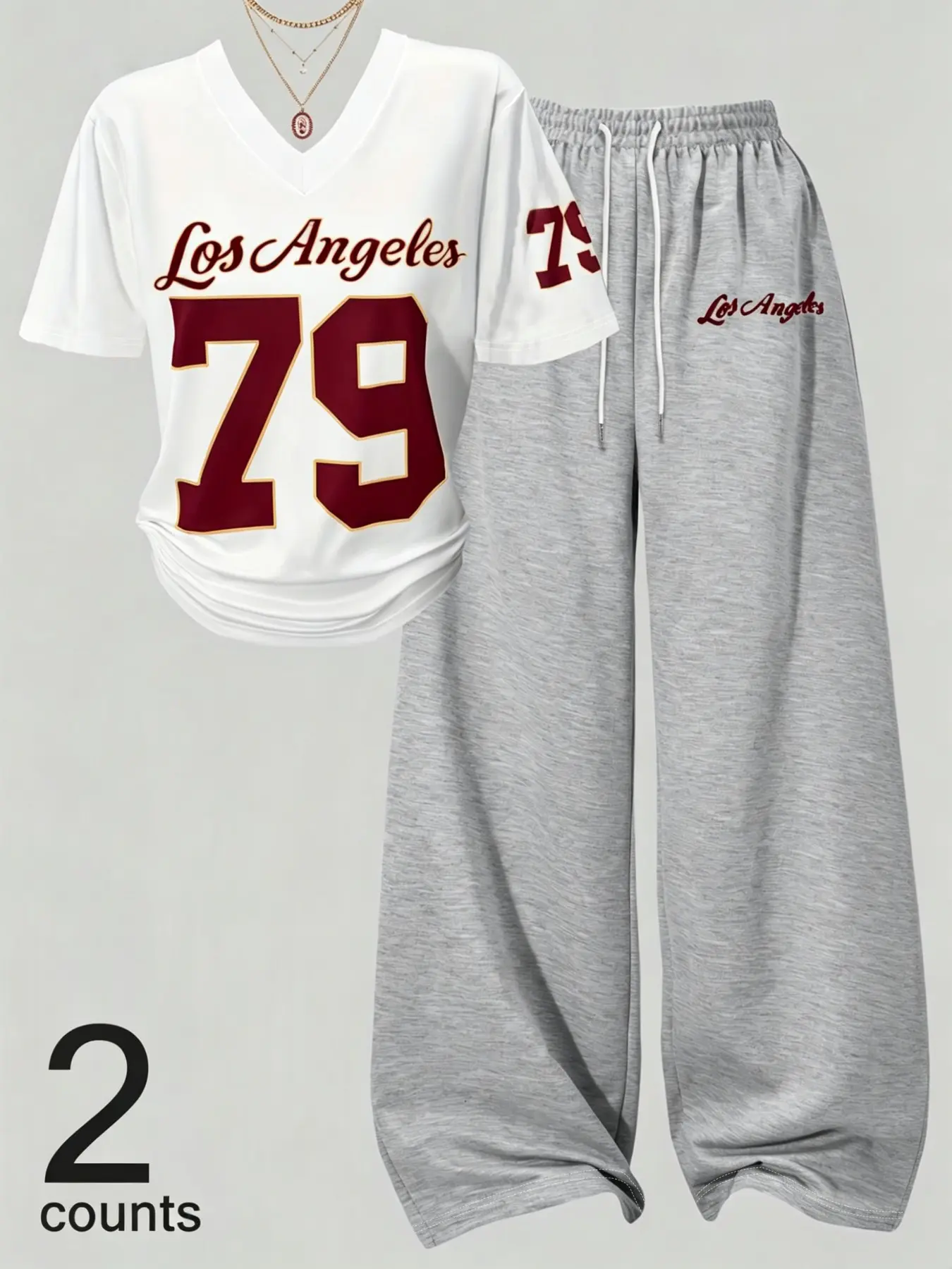 Women's Two-Piece Set Outfit, Digital/letter Print Loose V-Neck Short Sleeve T-Shirt and Pants, Campus Style, Spring Summer Fashion, All Seasons Wear