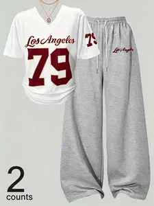 Women's Two-Piece Set, Lightweight Digital/letter Print V-Neck Short Sleeve T-Shirt and Pants, Campus Style, Casual, Outfit, Spring Summer Fashion, All Seasons Wear, Womenswear
