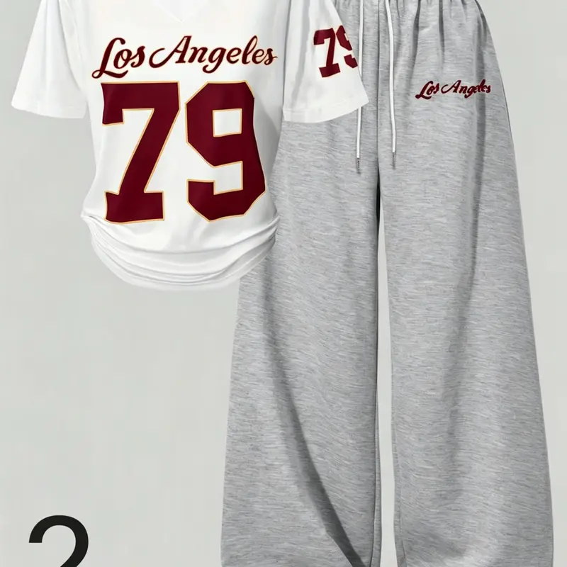 Women's Two-Piece Set Outfit, Digital/letter Print Loose V-Neck Short Sleeve T-Shirt and Pants, Campus Style, Spring Summer Fashion, All Seasons Wear, Everyday, Two Pieces Outfits