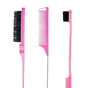3 Count Comb Set for Teasing Edge and Back Brushing Rat Tail and Edge Combs Hair Stick for Styling Women's Haircare (Pink)