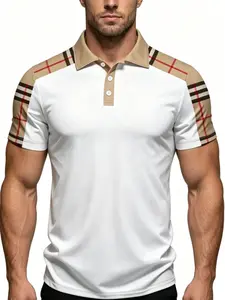 Men's Plaid Polo Shirt, Short Sleeve Slim-Fit Casual Top, Summer Business Leisure Wear, Luxury Style, Mainland China Origin