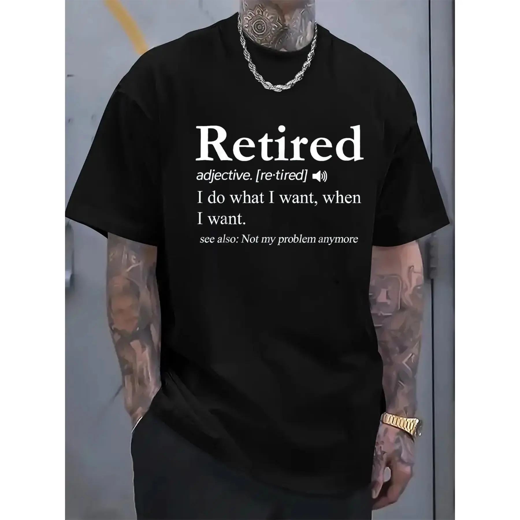 Men's "Retired" Humorous Definition T-Shirt - Casual Crew Neck, Short Sleeve, 100% Cotton Comfort Tee with Punctuation Marks Design, Perfect for Spring & Summer