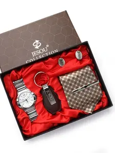 Men's Gift Set Four-Piece Business Tie + Watch + Keychain + Cufflinks, Checked Pattern, Artificial Leather, All Seasons