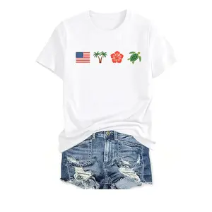 MARSVOVO Women's Casual Short Sleeve Tee USA Flag Palm Tree Hibiscus Sea Turtle Graphic T Shirt Summer Beach Vacation Loose Fit Crew Neck Basic Tops Womens Daily Travel Holiday Soft Cotton Tees