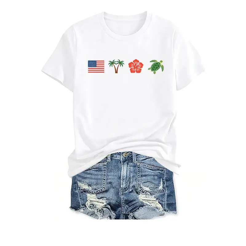MARSVOVO Women's Casual Short Sleeve Tee USA Flag Palm Tree Hibiscus Sea Turtle Graphic T Shirt Summer Beach Vacation Loose Fit Crew Neck Basic Tops Womens Daily Travel Holiday Soft Cotton Tees