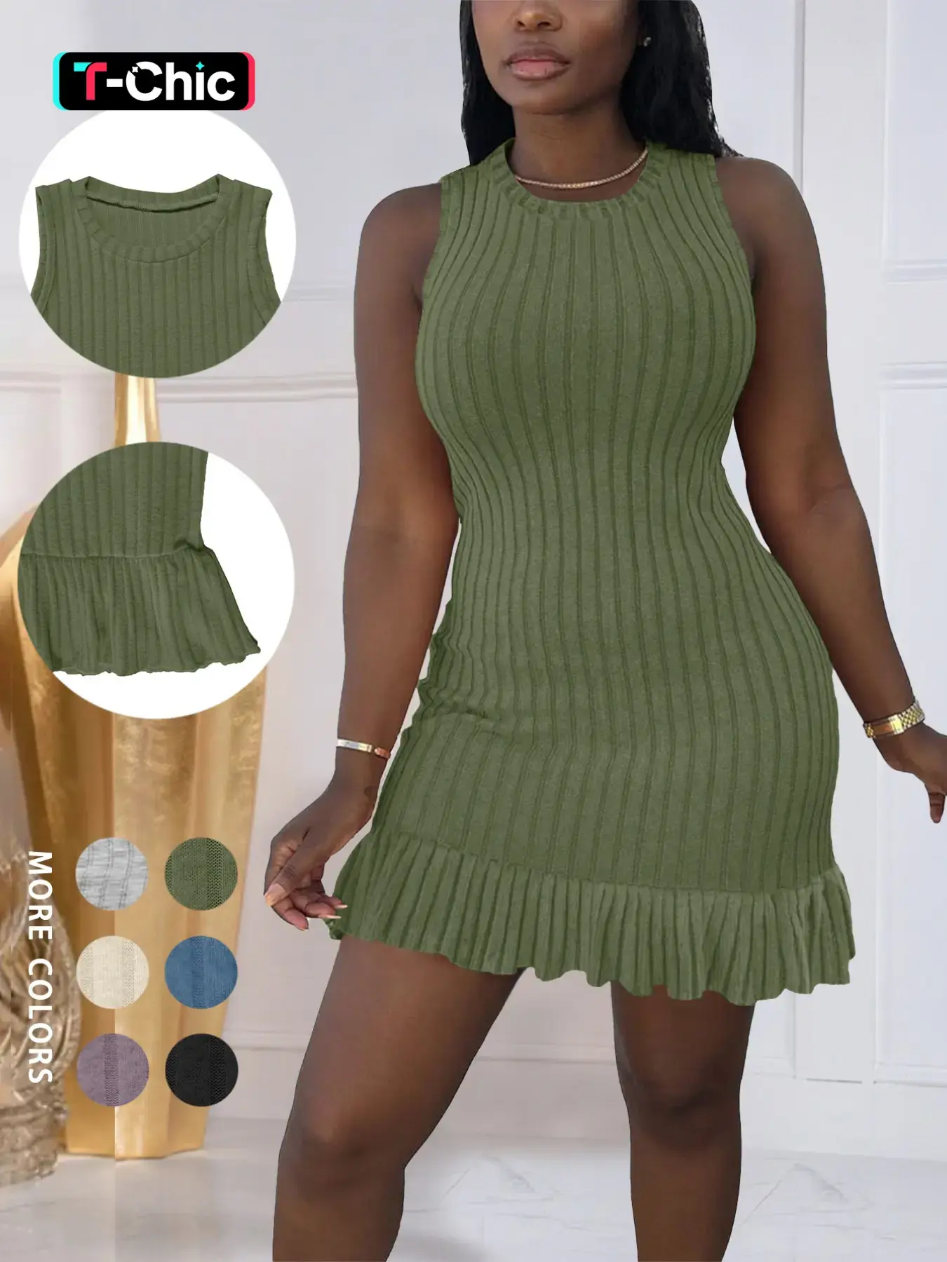 Women's Plain V-Neck Ribbed Dress, Elegant Casual Fitted Short Sleeve Summer Dress for Daily Wear, Womenswear