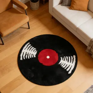 Retro vinyl record black and white red bedroom bedside plush round carpet music art record living room sofa area decorative carpet Bedroom Rugs light luxury high-end nostalgic vinyl record entrance door non-slip floor mat Bohemian Style Rugs Boho Rug