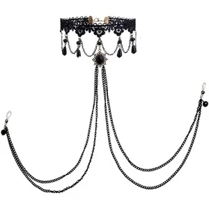 Sexy Fake Nipple Rings Nipple Noose Black Lace Choker Necklace Non-Piercing Nipple Rings Body Chain Nipple Chain Women Clothing Accessories Gift Fashion