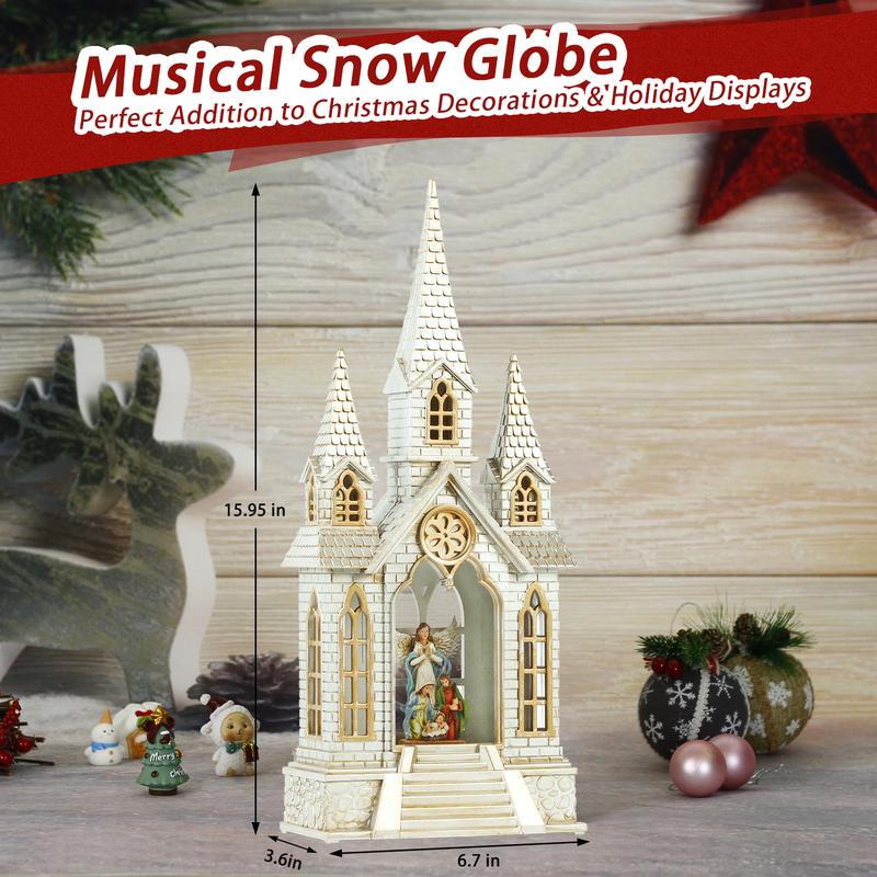 16Inch Lighted Religious Snow Globe Nativity Church with 6H Timer Music, Multicolored Resin, Classic Style, Christmas Home Decor Gift