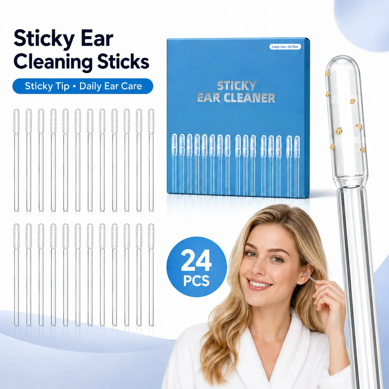 Sticky Ear Cleaning Stick for Adults, 24PCS Reusable Sticky Ear Cleaner for Ear Wax, Ear Cleaning Tools, Ear Cleaner Sticky Pick, Sticky Pick Ear Cleaner, Soft Adhesive Sticky Ear Picks with Dust Covers